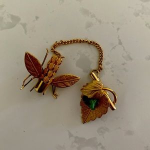 Vintage Bee and Leaf Brooch with Stone